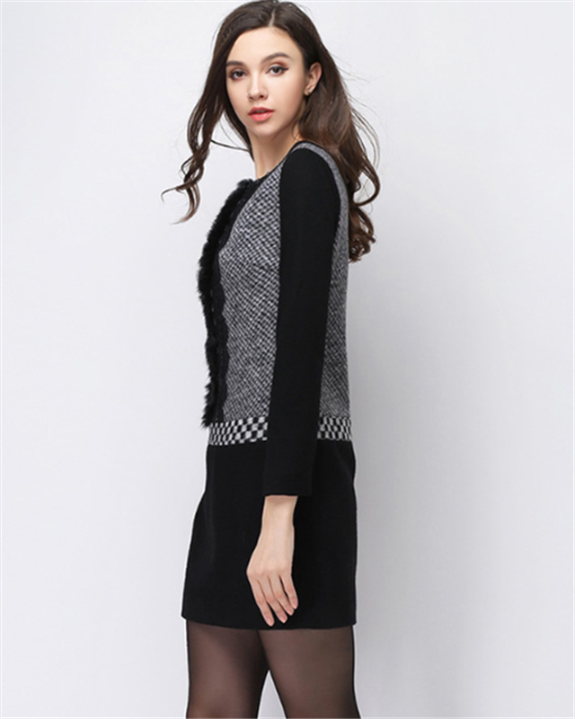 buoubuou邦宝女装专柜正品通勤黑白格兔毛拼接长袖连衣裙 q23559g